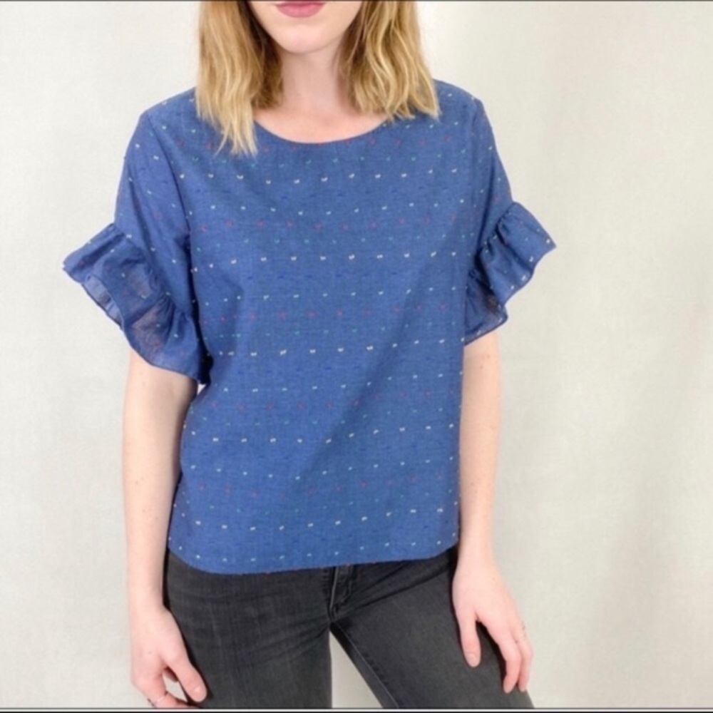 Drew Anthropologie Chambray Flutter Sleeves Swiss Dots Small